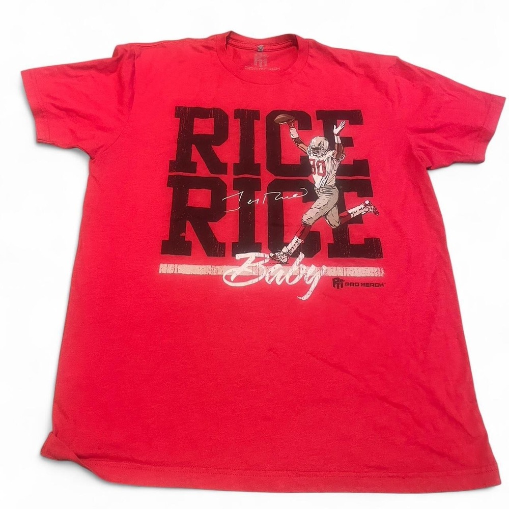 Red and white graphic NFL Rice t-shirt